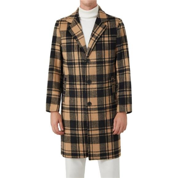 Men's Wool Blend Long Trench Coat Khaki Black - Picture 1 of 7